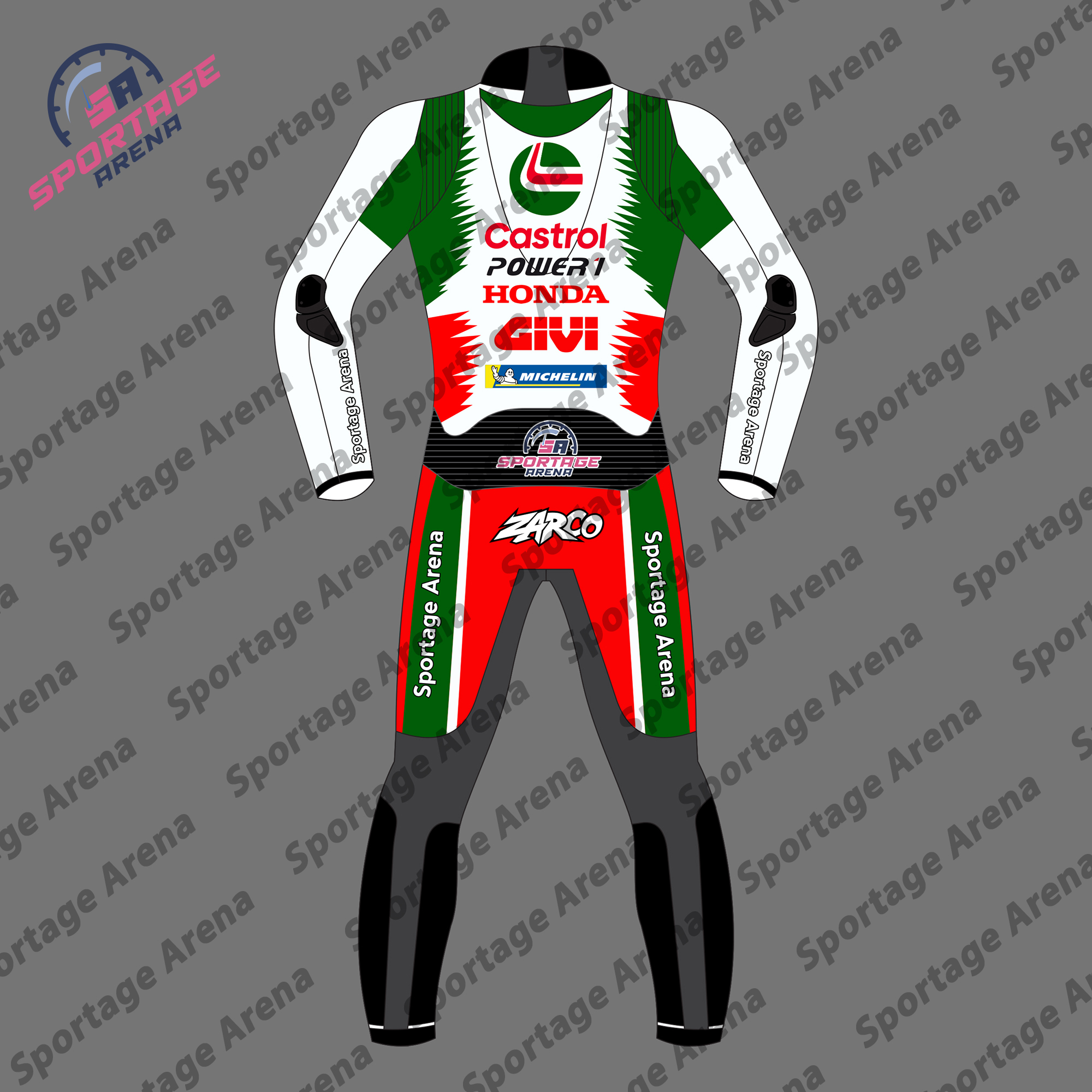Johann Zarco Honda Castrol 2025 Leather Racing Suit Back Johann Zarco Honda Castrol 2025 Leather Racing Suit Back