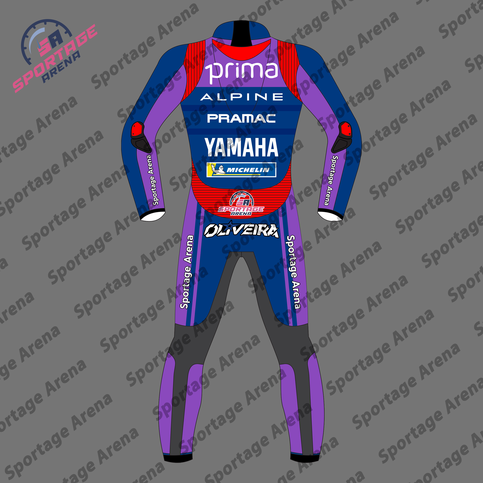 Miguel Oliveira Pramac MotoGP Motorbike Leather Suit 2025 Back Miguel Oliveira Pramac MotoGP Motorbike Leather Suit 2025 Back