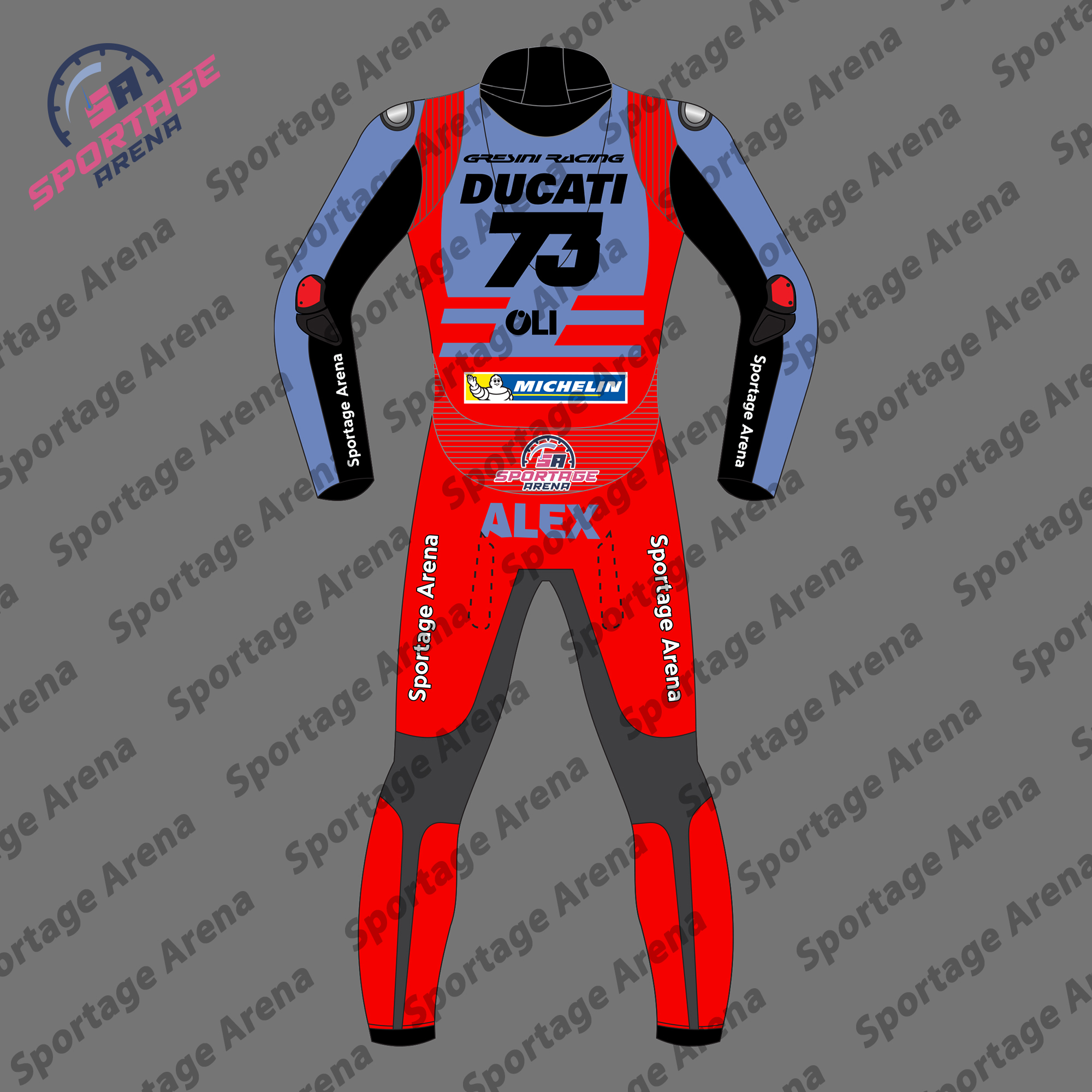 Alex Marquez Ducati MotoGP 2023 Team Gresini Motorcycle Riding Suit Back Alex Marquez Ducati MotoGP 2023 Team Gresini Motorcycle Riding Suit Back
