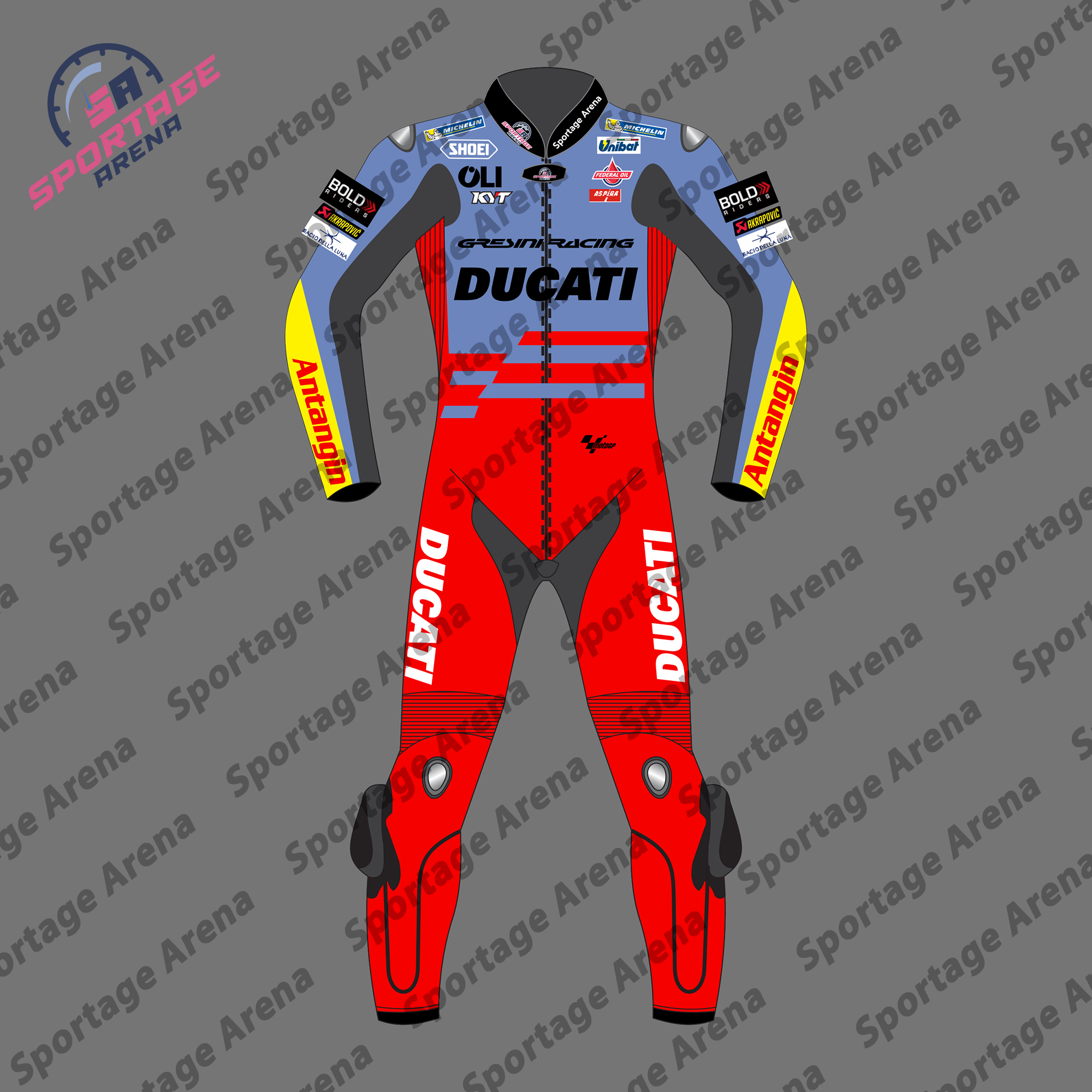 Alex Marquez Ducati MotoGP 2023 Team Gresini Motorcycle Riding Suit Front Alex Marquez Ducati MotoGP 2023 Team Gresini Motorcycle Riding Suit Front
