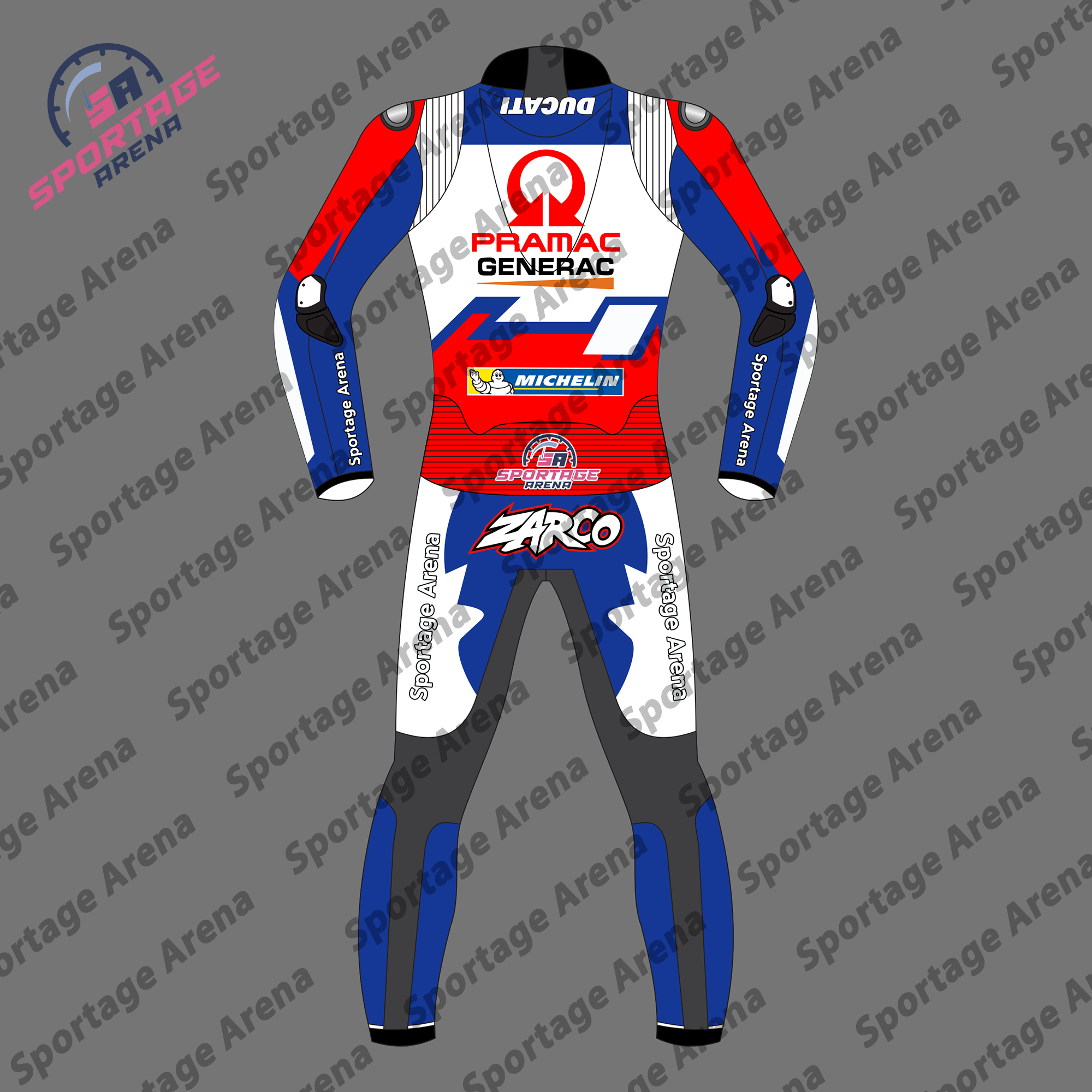 Johann Zarco MotoGP 2022 Ducati Pramac Racing Leather Suit Back Johann Zarco MotoGP 2022 Ducati Pramac Racing Leather Suit Back