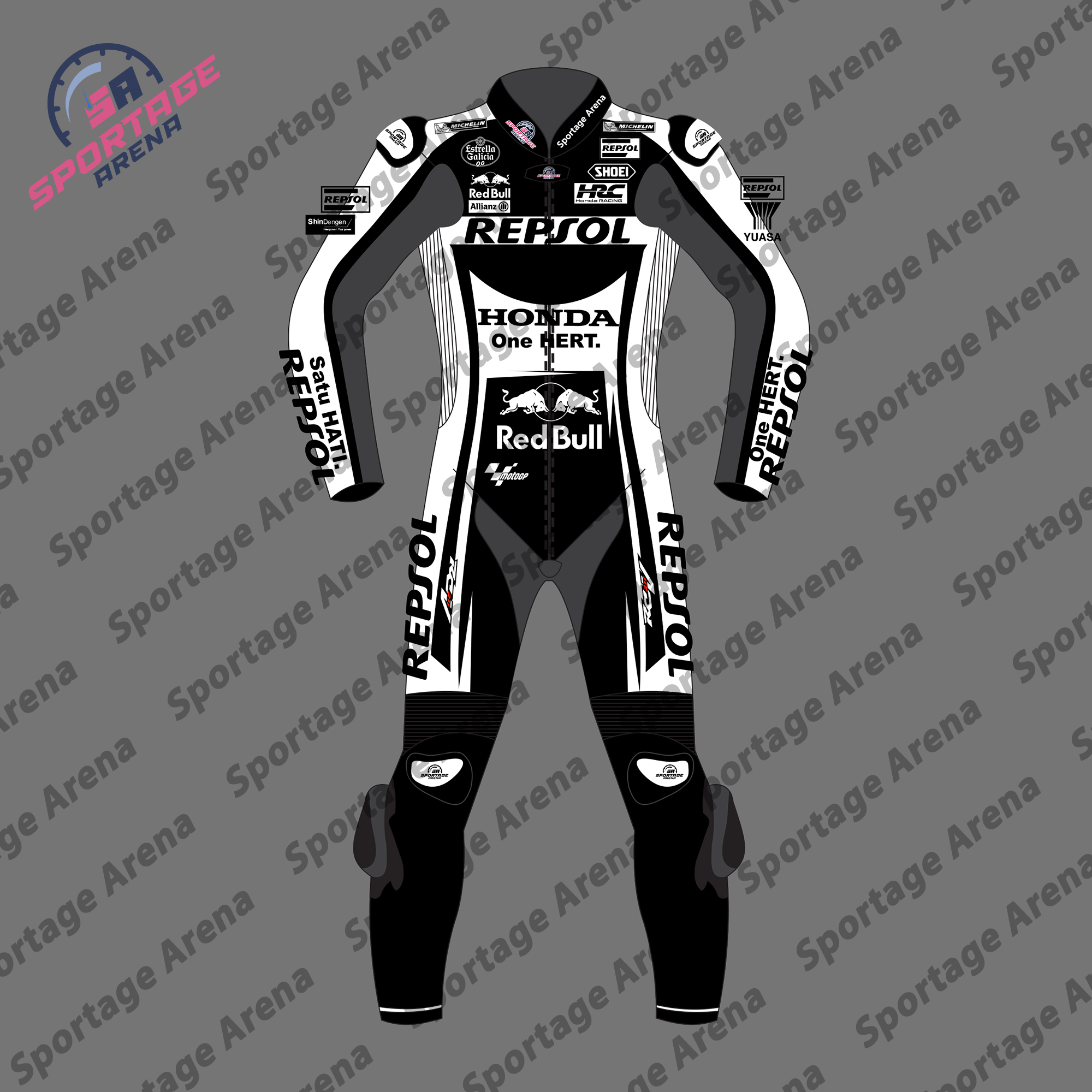 Marc Marquez Repsol 2022 Winter Test Motorcycle Leather Suit Front Marc Marquez Repsol 2022 Winter Test Motorcycle Leather Suit Front